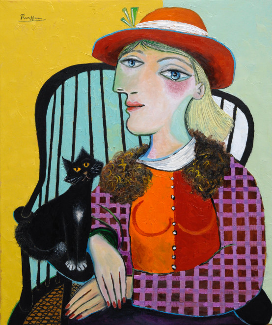 Seated woman with cat