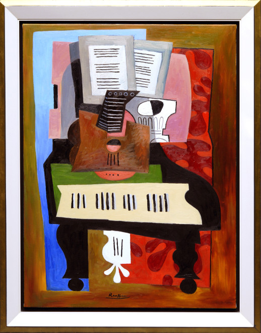 Guitar, glass and music sheet on a grand piano