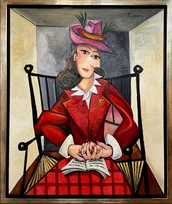 Seated woman in checkered skirt