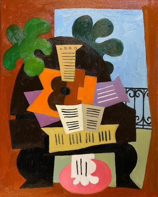 Size S | Piano, guitar and music sheet in front of a balcony