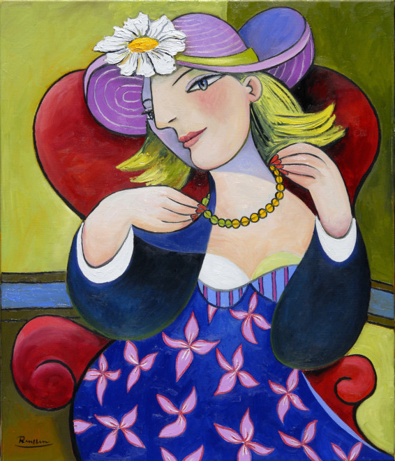 Woman with a white flower on her hat