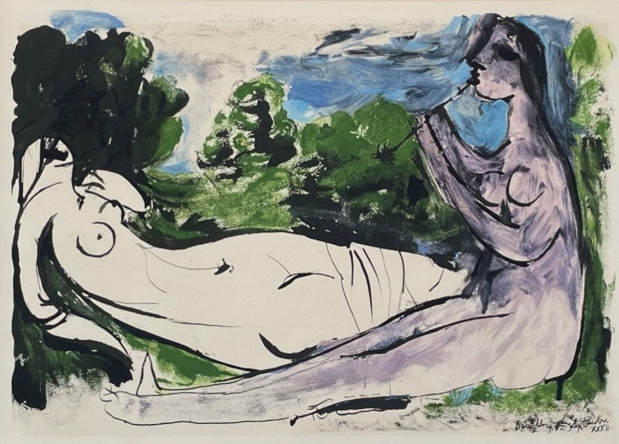 Nude and woman playing flute