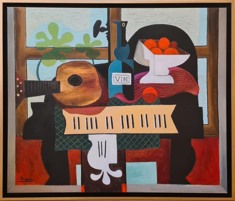 Size L | Guitar, bottle and oranges on a piano | edition of 10