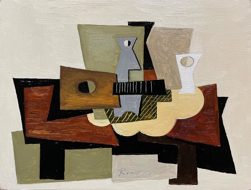 Guitar, bottle and glass on a table