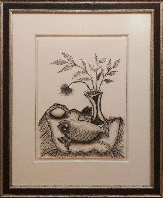 Two fish, a lemon and flower in a vase