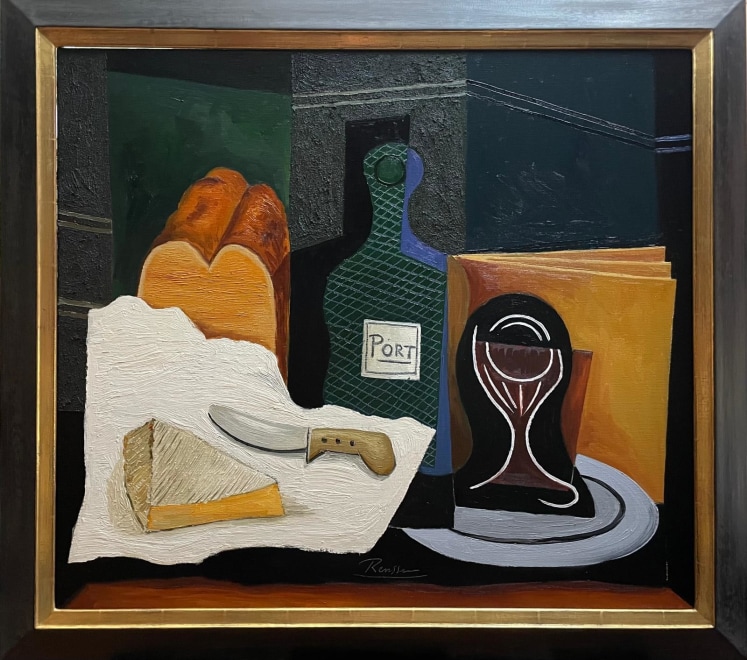 Size L | Still life with brie, bread, bottle and glass