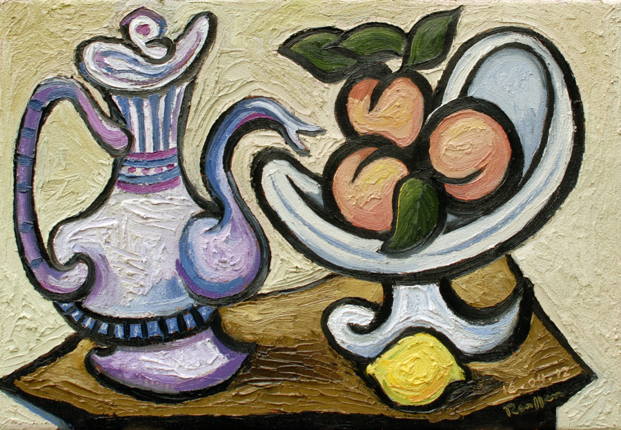 Coffeepot and peaches in a bowl