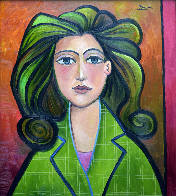 Woman in a green checkered jacket