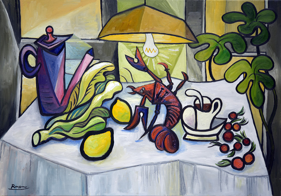 Lobster and coffeepot on a table
