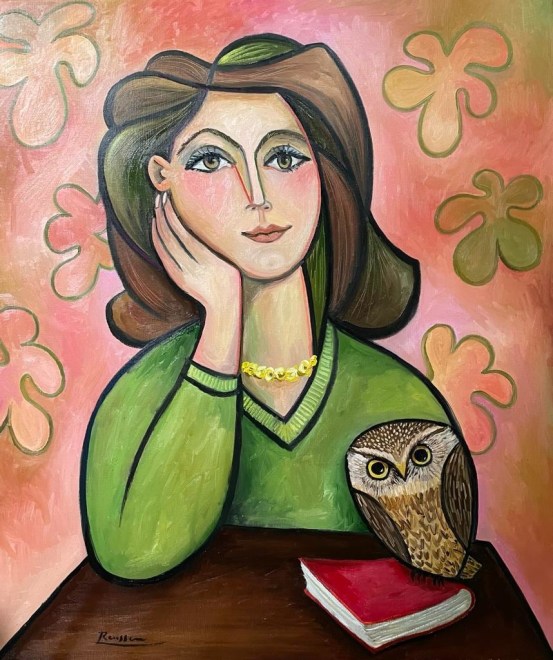 Seated woman with stone owl
