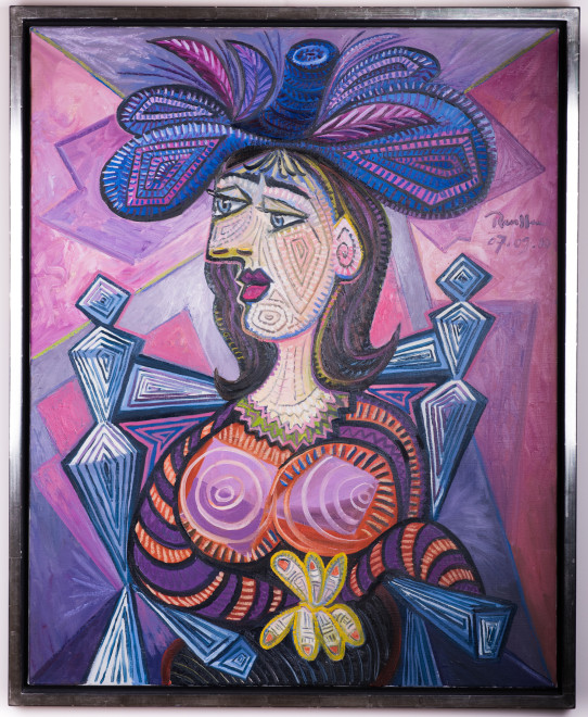 Seated woman in a purple feathered hat