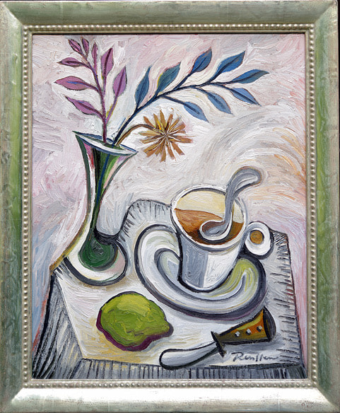 Size M | Cup of coffee, lemon and vase on a table