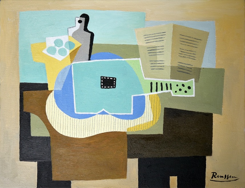 Size XS | Still life with guitar, bottle and fruitbowl