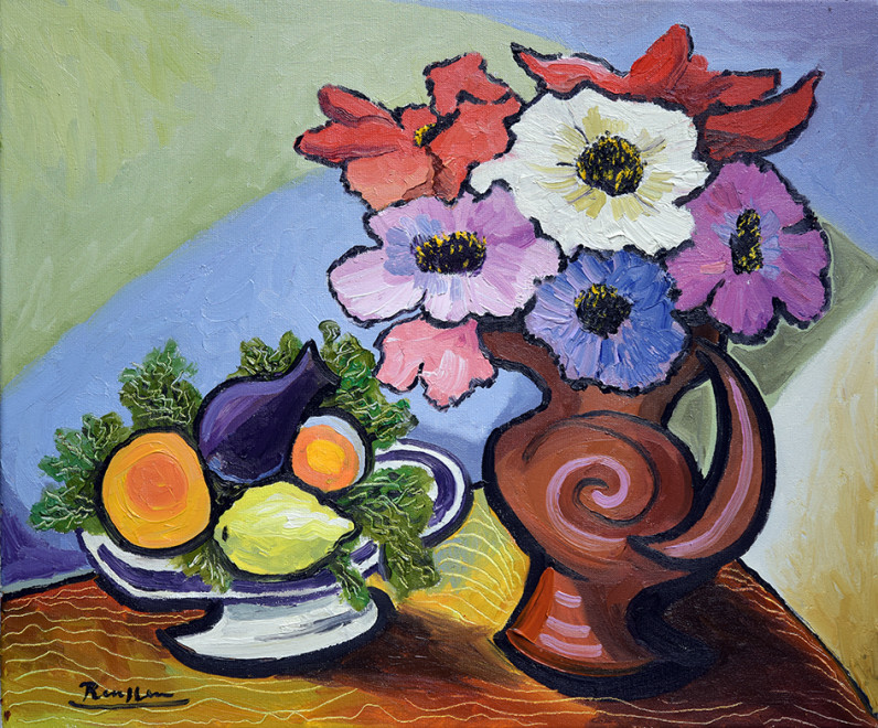 Size M | Flowers and fruit on a table
