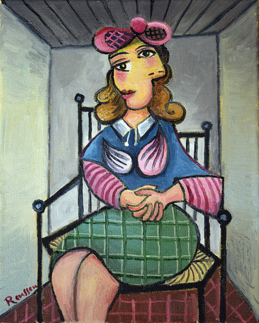 Seated woman in a green skirt