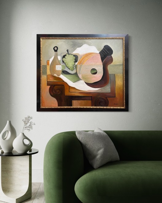 Size XL | Mandolin, grapes and bottle on a table