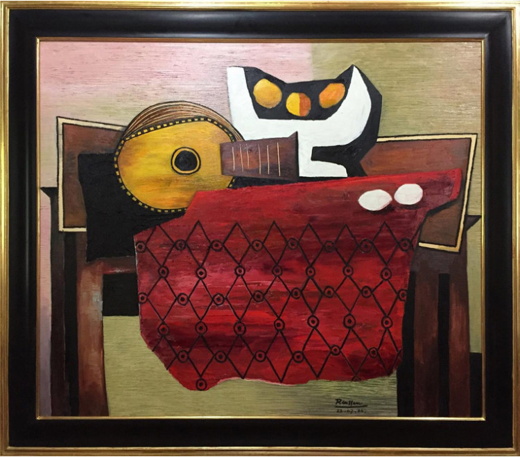 Size L | Still life with guitar, fruit bowl and red tablecloth