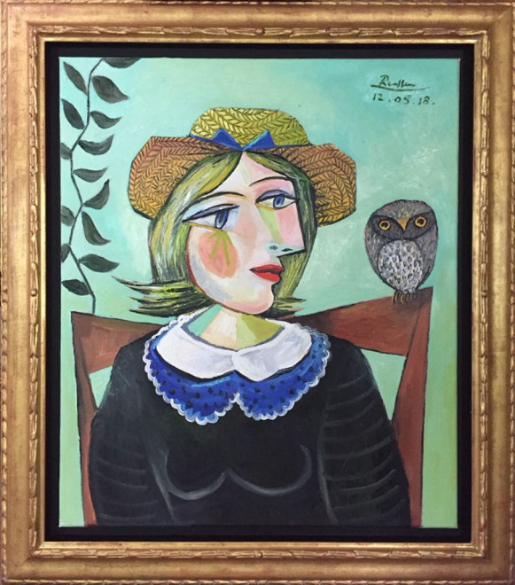 Seated woman and little owl