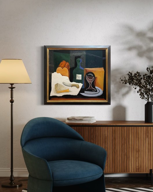 Size L | Still life with brie, bread, bottle and glass