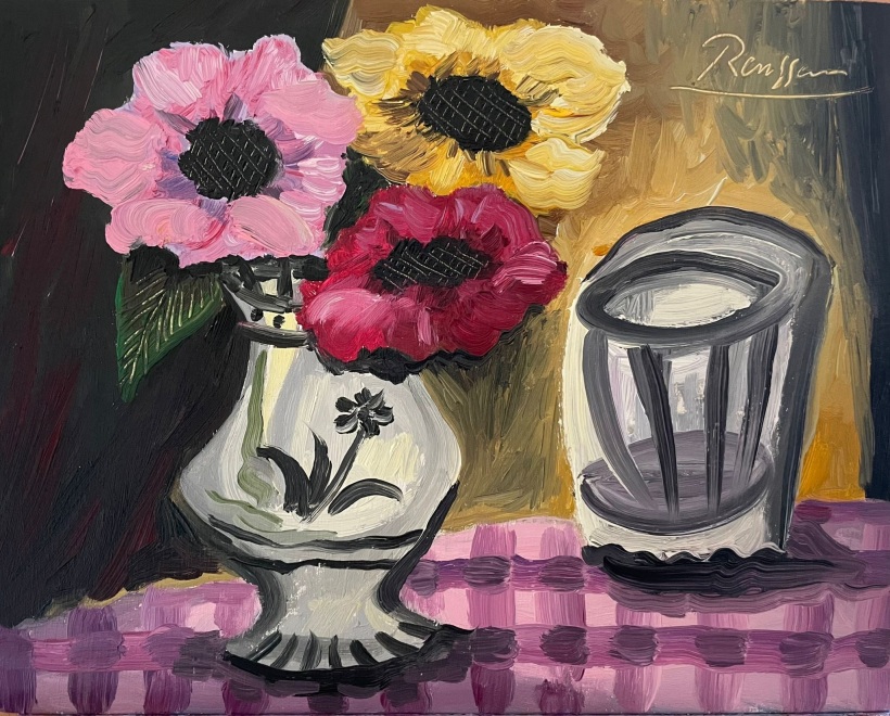 Flowers and glass on a table 
