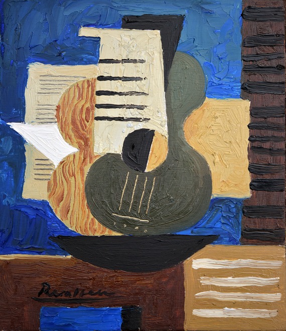 Guitar and sheet music on a table II