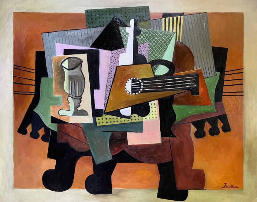 Still life with glass, bottle and guitar