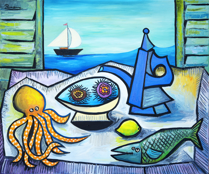 Still life with octopus, urchins, fish and coffee pot