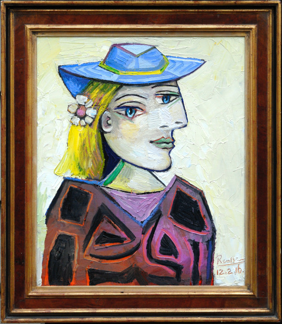 Woman in a light blue hat