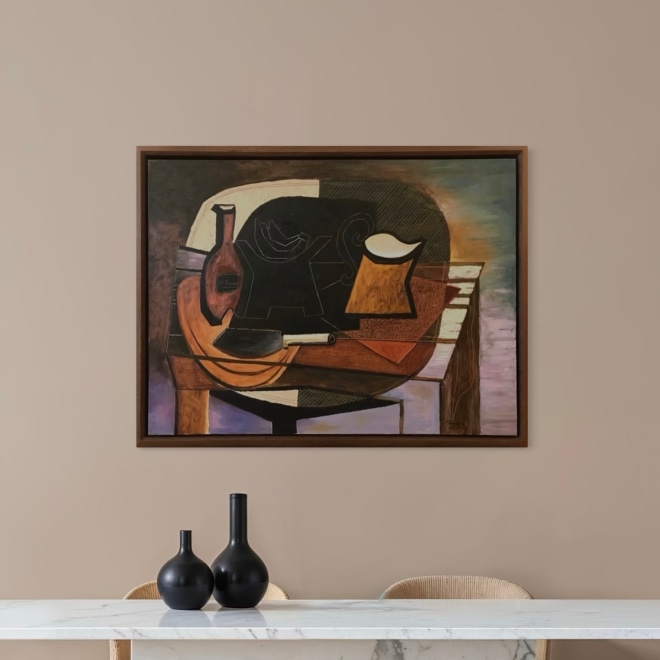 L | Still life with a jar, a bottle of rhum and bananas in a bowl