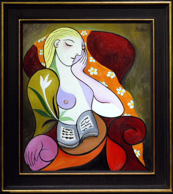 Seated woman with orange scarf