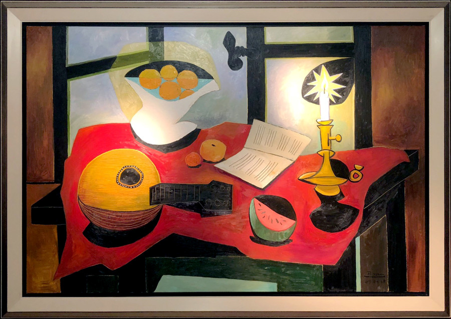 Still life with mandolin, fruit bowl, candle and melon