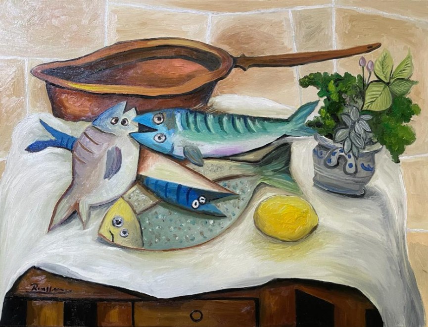 Size M | Fish, lemon, herbs & pan on a table