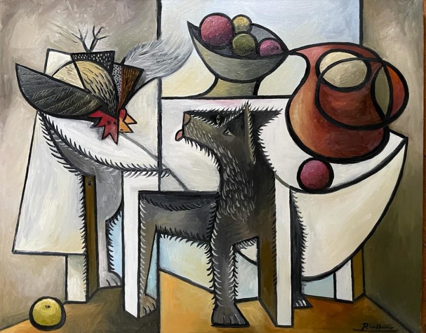 Dog, chicken, pitcher and fruitbowl
