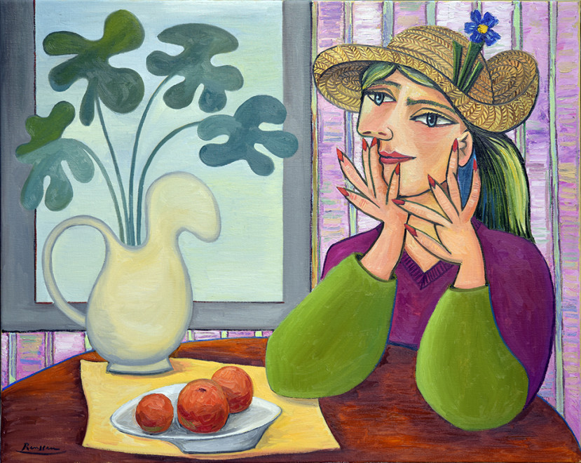 Woman at the table with fruitbowl and vase