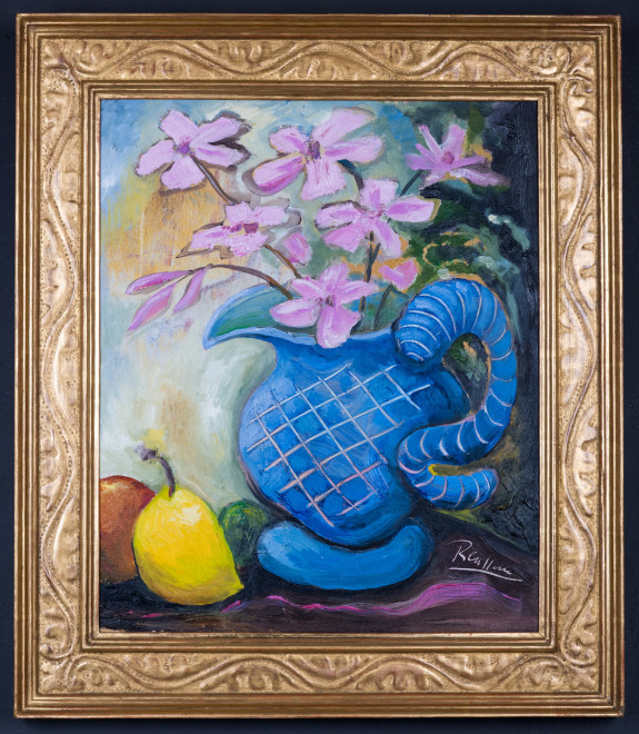 Fruit and pitcher with flowers