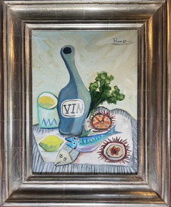 Size M | Bottle of wine, urchins, fish and lemon on a table