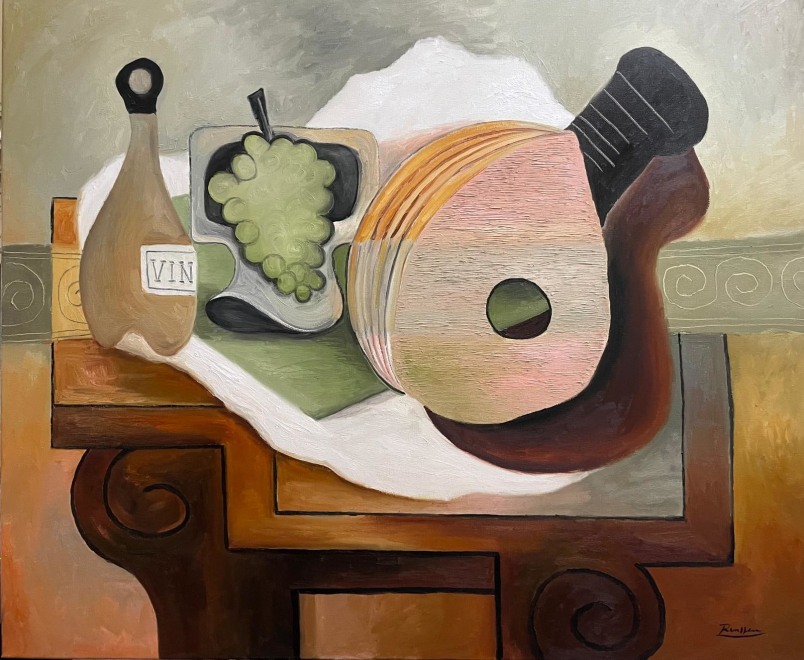 Size XL | Mandolin, grapes and bottle on a table