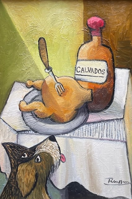 Chicken, calvados and dog