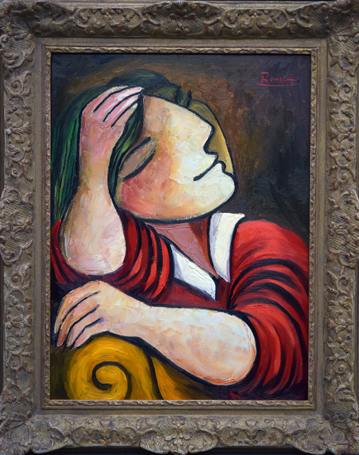 Woman leaning over a sofa