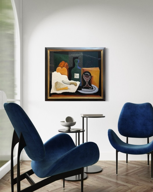 Size L | Still life with brie, bread, bottle and glass
