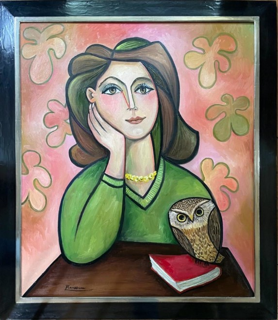 Seated woman with stone owl
