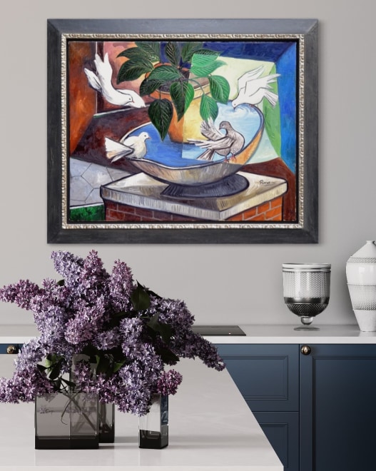 Doves near a waterbowl