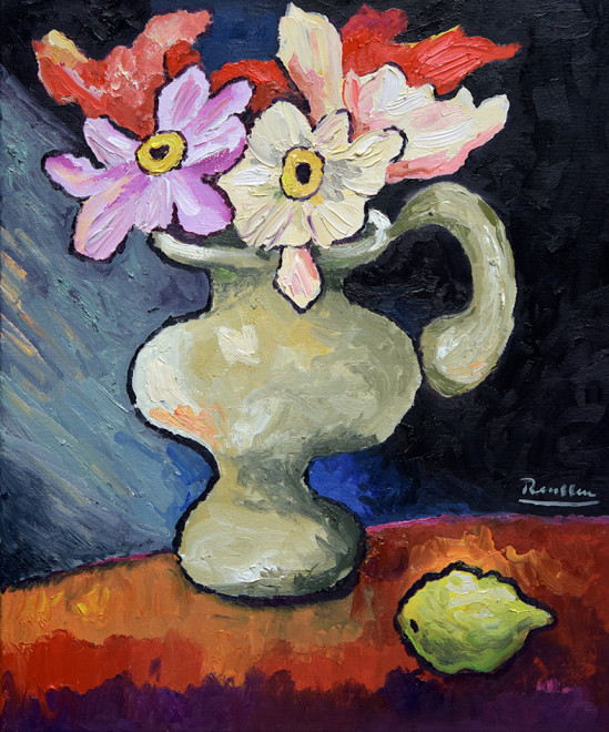 Pitcher with flowers and lemon on a table