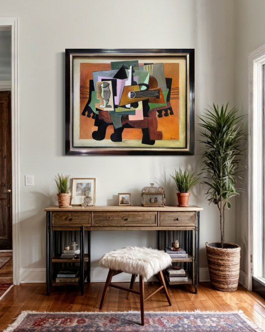 Still life with glass, bottle and guitar