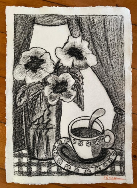 Size s | Flowers and coffee cup in front of a window