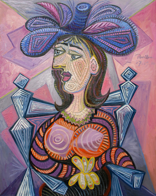 Seated woman in a purple feathered hat