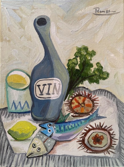 Size M | Bottle of wine, urchins, fish and lemon on a table