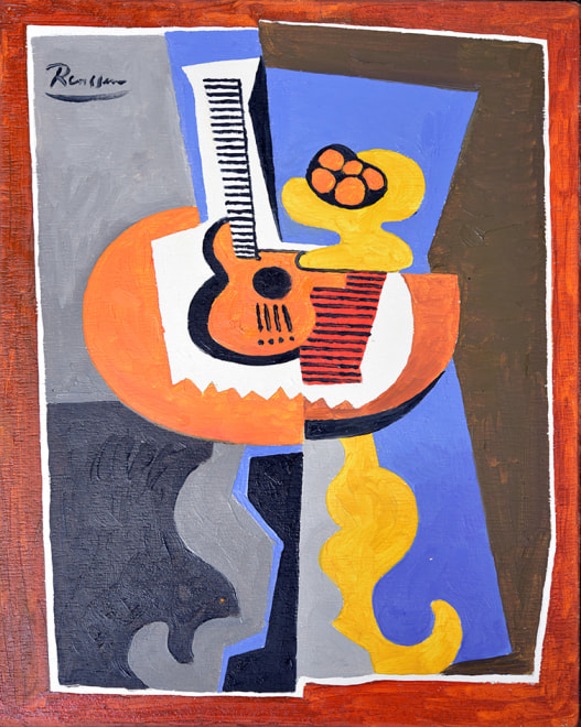 Still life with guitar and fruitbowl