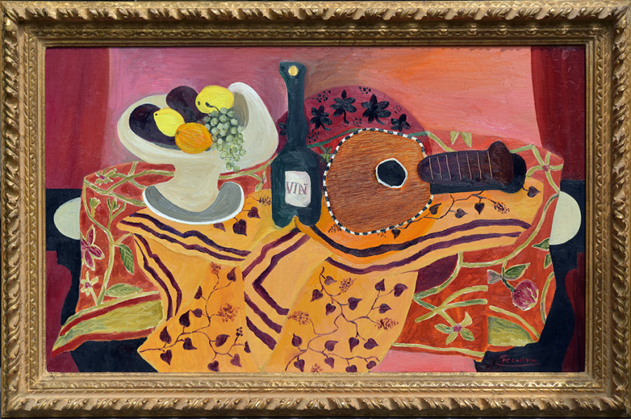 Fruit, bottle and mandolin on a table