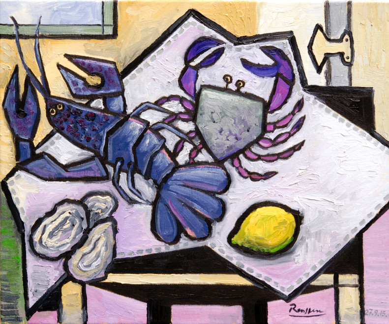 Erik Renssen, Lobster, crab and oysters on a table, 2015